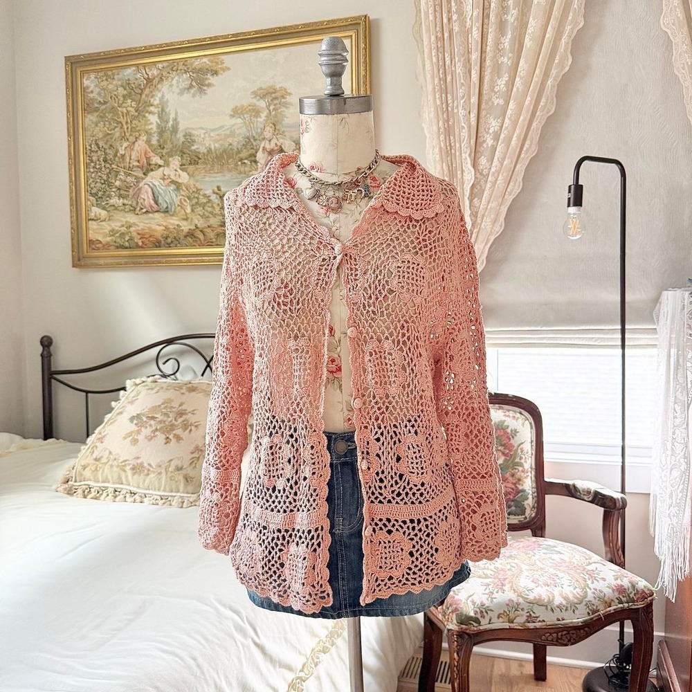 Y2K Newport News 1X blush pink crochet knit cardigan‎